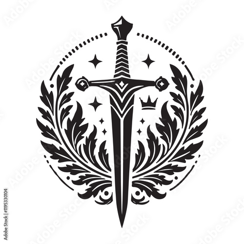 Excalibur Silhouette Vector Illustration, Solid White Background.