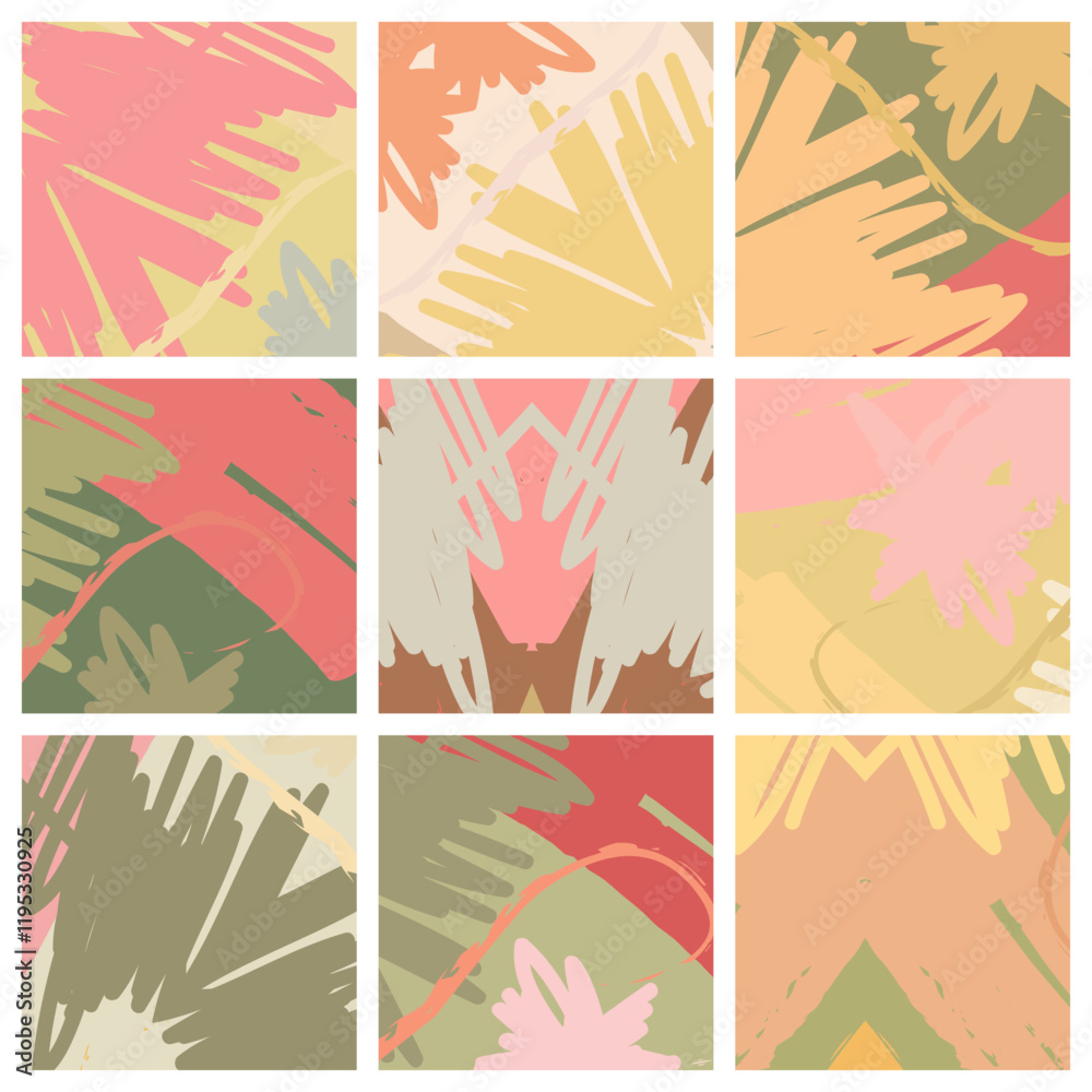 Abstract collage asymmetric pattern. Brush strokes grunge texture. Vector colorful ornament, patchwork quilt style. Digital freehand art backgrounds set for flyer, poster, cover, textile fabric print Abstract collage asymmetric pattern. Brush strokes grunge texture. Vector colorful ornament, patchwork quilt style. Digital freehand art backgrounds set for flyer, poster, cover, textile fabric print