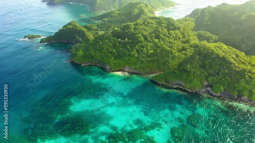 Aerial view of vibrant turquoise waters and lush greenery along a coastal landscape.