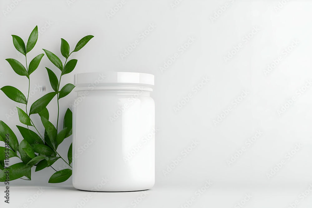 White Jar 3D Render with Green Leaves White Jar 3D Render with Green Leaves
