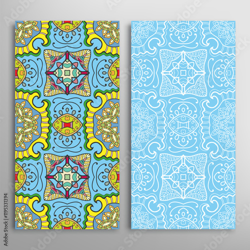 Vertical seamless patterns set, floral geometric lace texture for Wedding, Valentine's day, greeting card or Birthday Invitation. Decorative seamless doodle backgrounds. Ethnic ornament border pattern