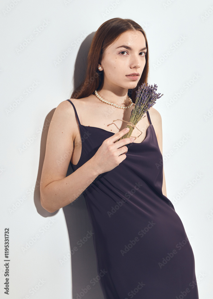 A beautiful woman with a bouquet of lavender poses in a silk dress on a light background A beautiful woman with a bouquet of lavender poses in a silk dress on a light background