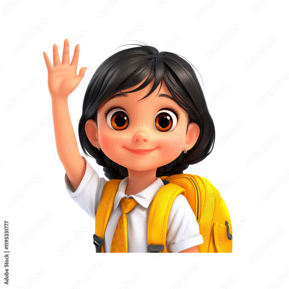 Cheerful Cartoon Schoolgirl Waving and Ready to Learn Cheerful Cartoon Schoolgirl Waving and Ready to Learn