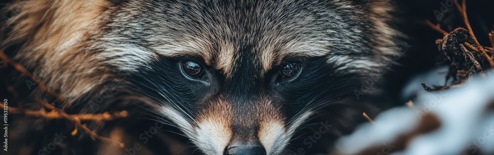 Close-up view of a raccoon dog's face showcasing its unique features in a natural habitat Close-up view of a raccoon dog's face showcasing its unique features in a natural habitat