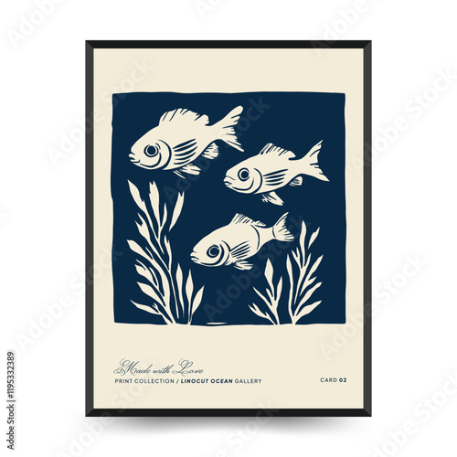 Underwater world, ocean, sea, fish and shells vertical flyer or poster template. Modern trendy Matisse minimal style.