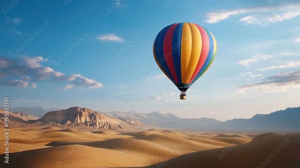 A colorful hot air balloon floats over vast desert sands under a blue sky, with mountains visible in the background. A colorful hot air balloon floats over vast desert sands under a blue sky, with mountains visible in the background.