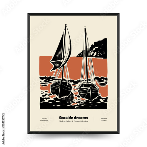 Underwater world, ocean, sea, fish and shells vertical flyer or poster template. Modern trendy Matisse minimal style.