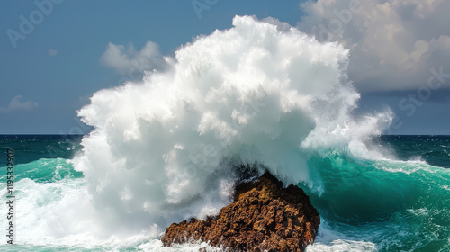 Undefeated Concept, Dramatic Wave Crashing Against Rugged Rock Formation Symbolizing Nature's Power and Resilience photo