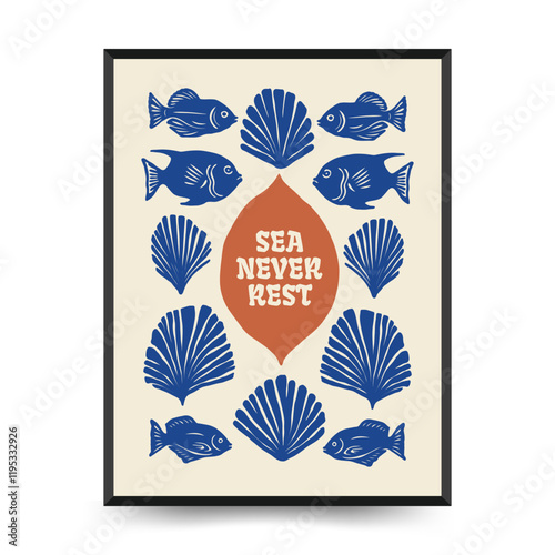 Underwater world, ocean, sea, fish and shells vertical flyer or poster template. Modern trendy Matisse minimal style.