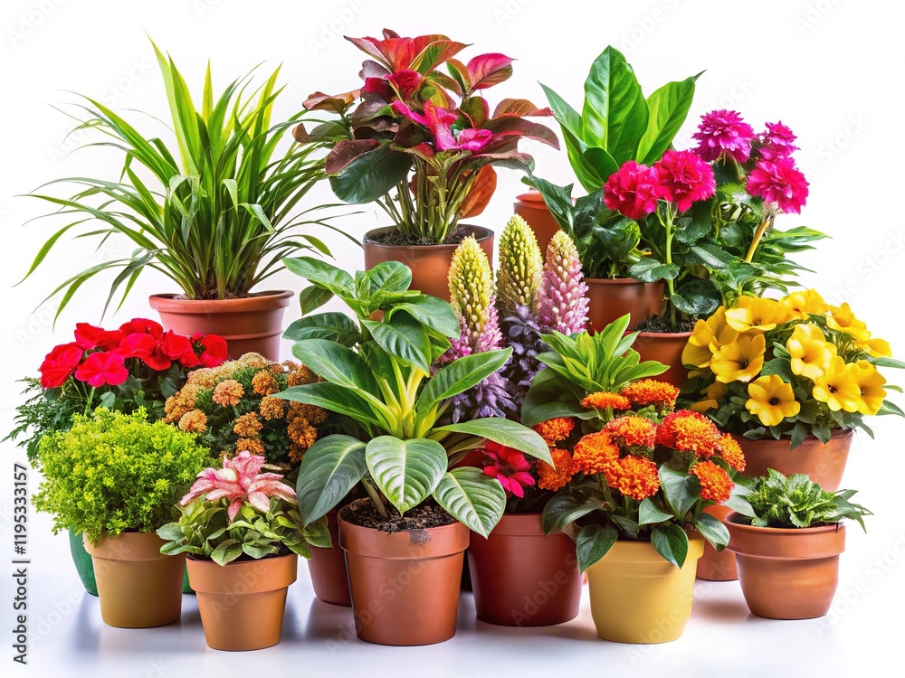Fototapeta premium Assorted Potted Plants, Bright & Colorful Indoor Plants, Houseplant Photography