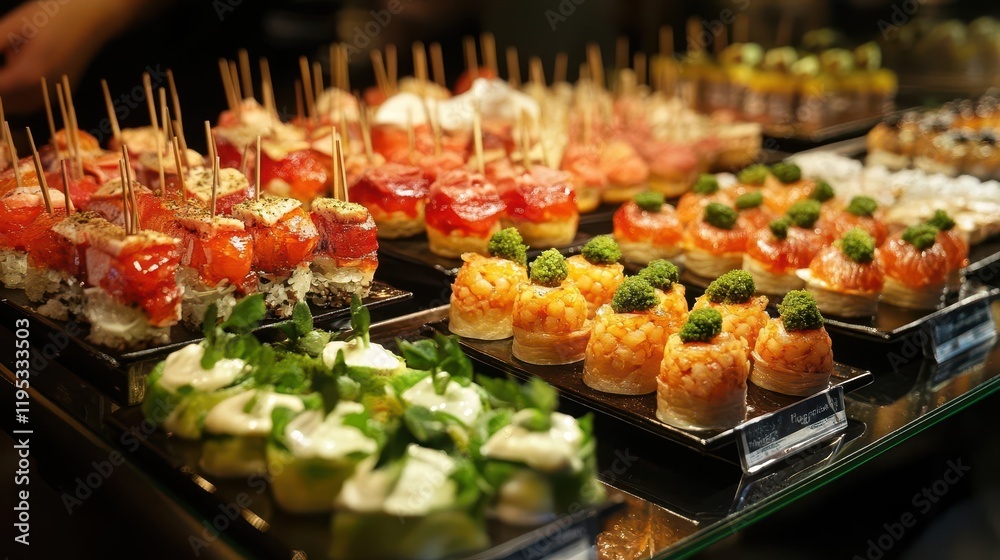 Fototapeta premium a delectable spread of pinchos and tapas typical of the basque country, showcasing an array of colorful foods and culinary traditions in san sebastian