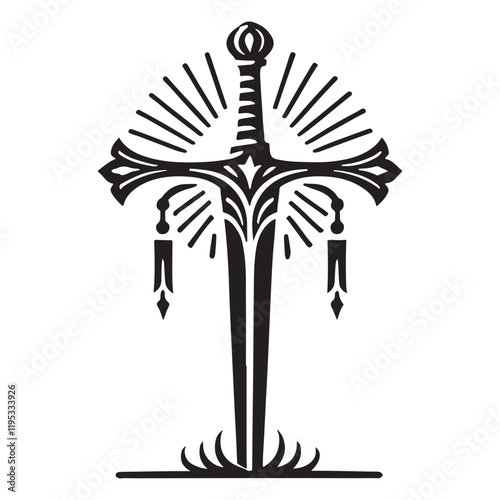 Excalibur Silhouette Vector Illustration, Solid White Background.