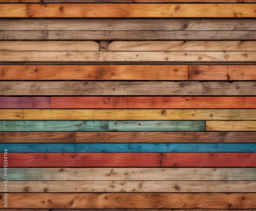 Naklejka premium Wooden planks in vibrant colors stacked horizontally background, wood, plank layout, wooden design