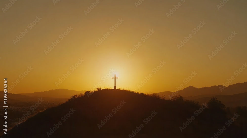 a serene sunset casts golden hues behind a silhouetted cross atop a hill, symbolizing peace and spirituality in a tranquil landscape a serene sunset casts golden hues behind a silhouetted cross atop a hill, symbolizing peace and spirituality in a tranquil landscape