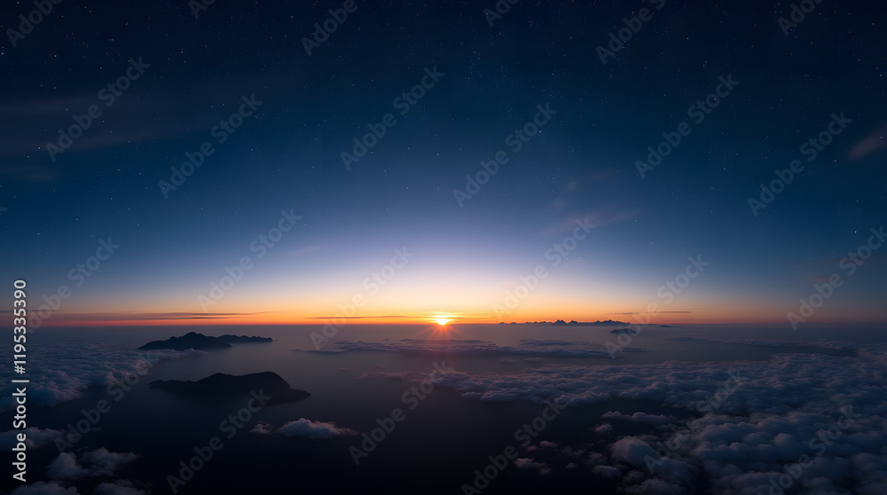 Fototapeta premium A wide-angle view of the night sky, where stars sparkle above faraway mountains and scattered clouds. The setting sun in the background paints the horizon in warm hues, casting elongated shadows acros