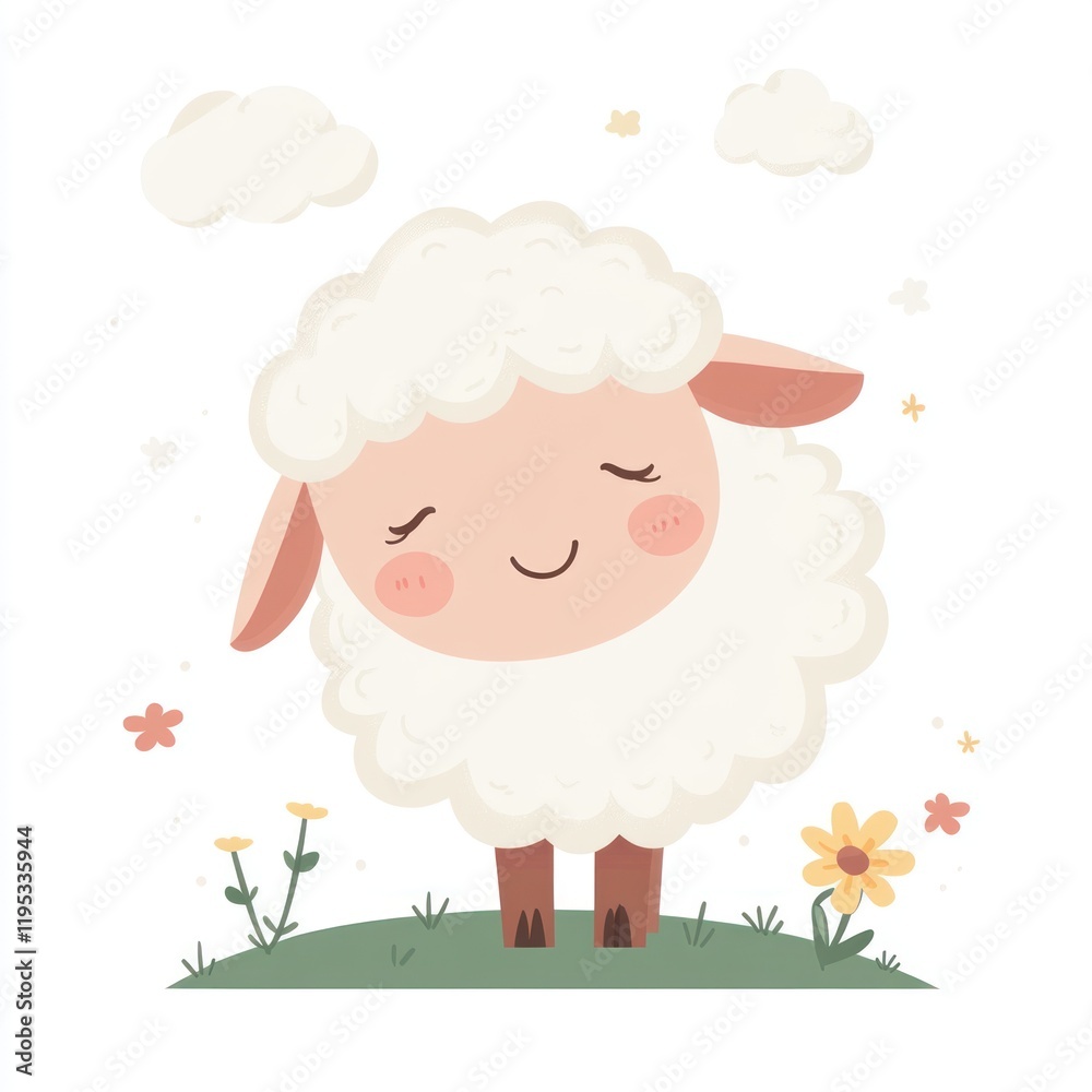 Smiling sheep standing in a field with clouds and flowers, for children's book or baby design Smiling sheep standing in a field with clouds and flowers, for children's book or baby design