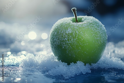 Frozen green fruit rests on icy surface.