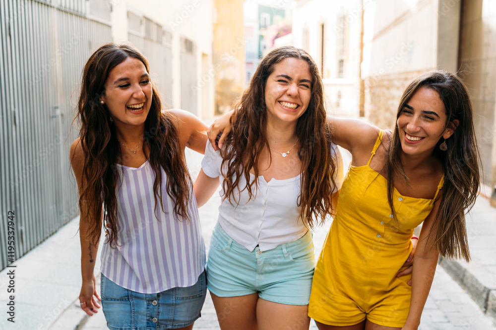 Three young women walking and laughing together in a city alley