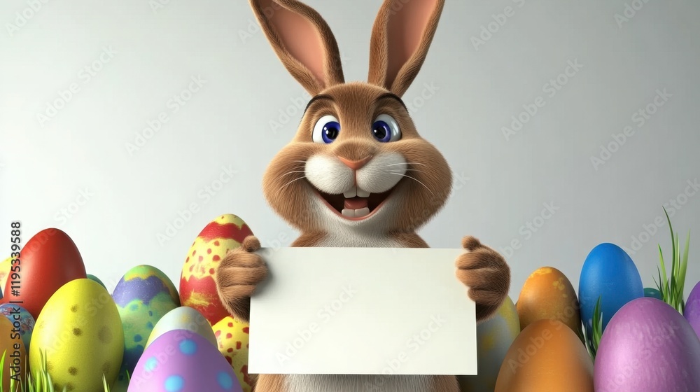 Obraz premium Cheerful cartoon rabbit holding blank sign in colorful egg decoration