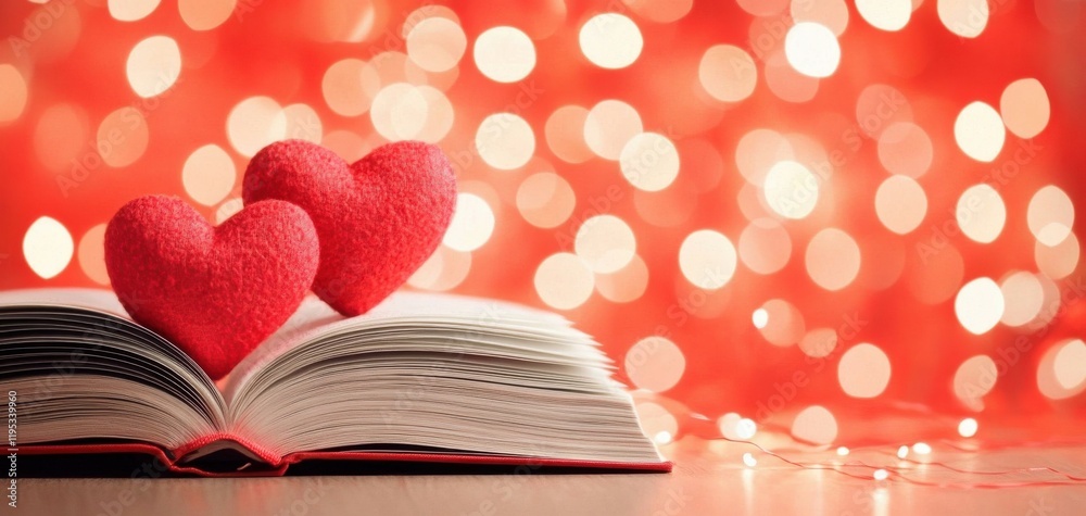 A romantic scene featuring an open book and two red hearts against a backdrop of soft, glowing bokeh lights. love of reading and knowledge , heart shape for love in valentine's day A romantic scene featuring an open book and two red hearts against a backdrop of soft, glowing bokeh lights. love of reading and knowledge , heart shape for love in valentine's day