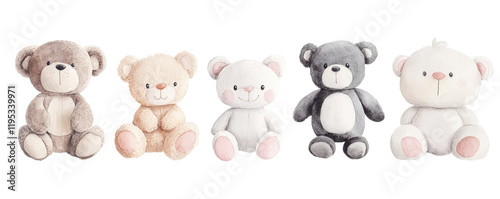 Colorful teddy bears lined in a row, playful