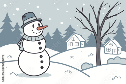 Snowman and winter season landscape background for merry christmas and happy new year paper art style.