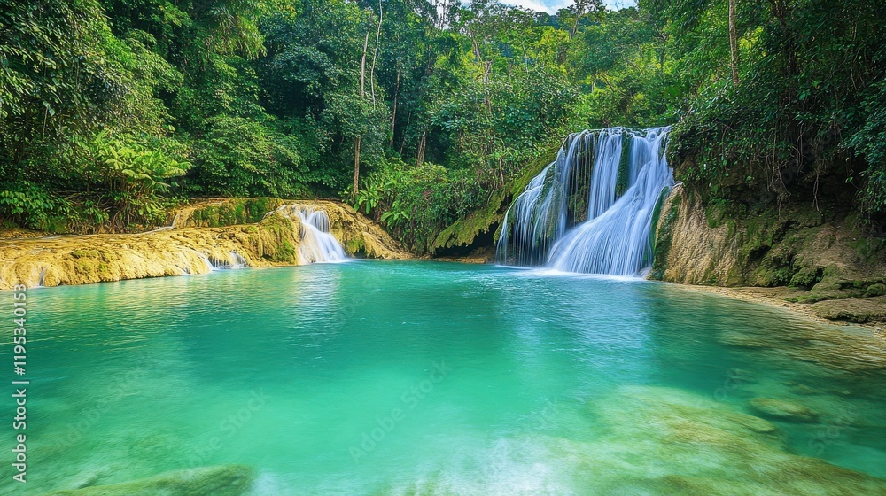 Fototapeta premium Explore the tranquil beauty of a dense jungle with a stunning waterfall cascading into a crystal-clear pool