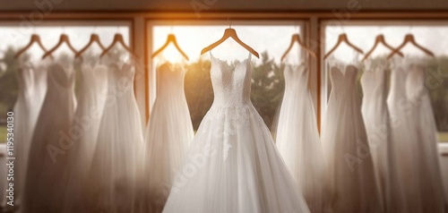 A stunning collection of elegant wedding dresses displayed in soft light, capturing the essence of bridal beauty and sophistication. morning for wedding day. Fashion look. Interior of bridal salon.