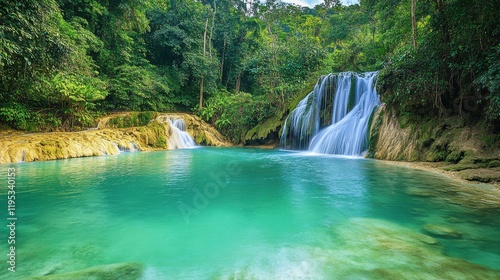 Explore the tranquil beauty of a dense jungle with a stunning waterfall cascading into a crystal-clear pool