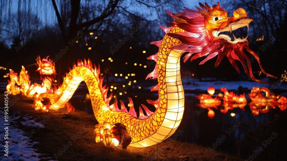 Obraz premium Long dragon made of paper lanterns is lit up at night Chinese New Year