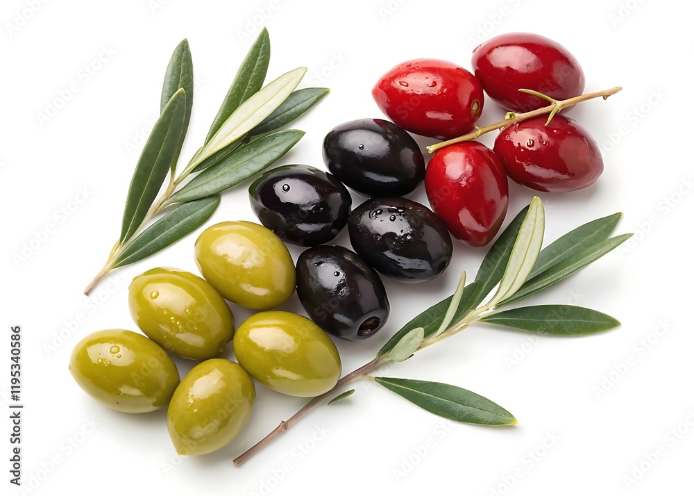 Set of green, black and red ripe olives on transparent background. Healthy food concept. Set of green, black and red ripe olives on transparent background. Healthy food concept.