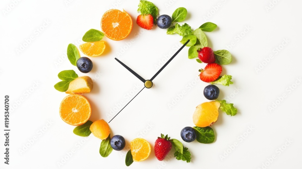 Creative Clock Design with Fresh Fruit and Green Leaves Arrangement Creative Clock Design with Fresh Fruit and Green Leaves Arrangement