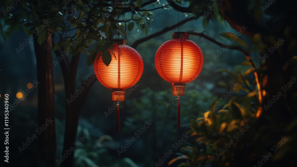 Two red lanterns hanging from tree in the woods Chinese New Year