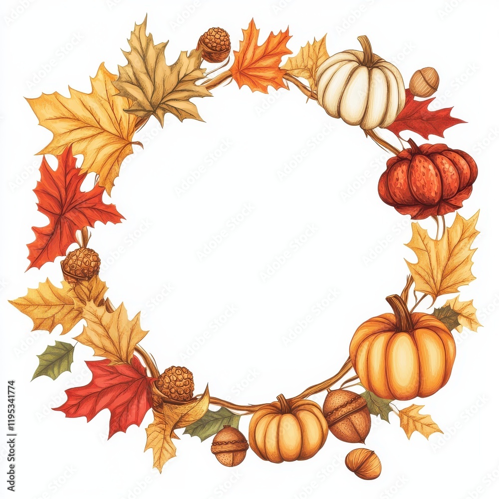 Fototapeta premium Beautiful autumn wreath featuring colorful leaves, pumpkins, and acorns set against a blank background for decoration