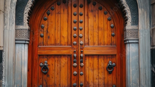 A grand wooden double door with intricate metal details and stone frame detail
