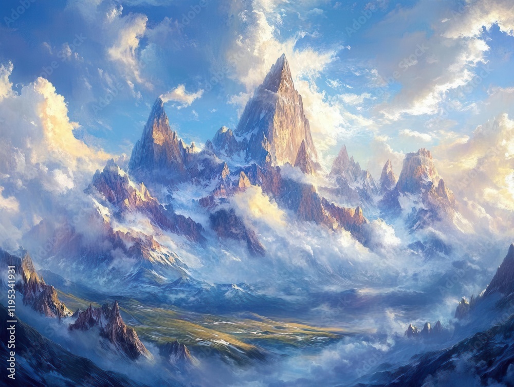 Naklejka premium dramatic mountain landscape showcasing towering peaks under a sky filled with fluffy clouds, painted with hues of blue and white, evoking a sense of adventure and natural beauty
