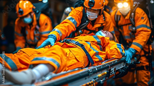 a team of professional paramedics rushes to help. People in red uniforms.