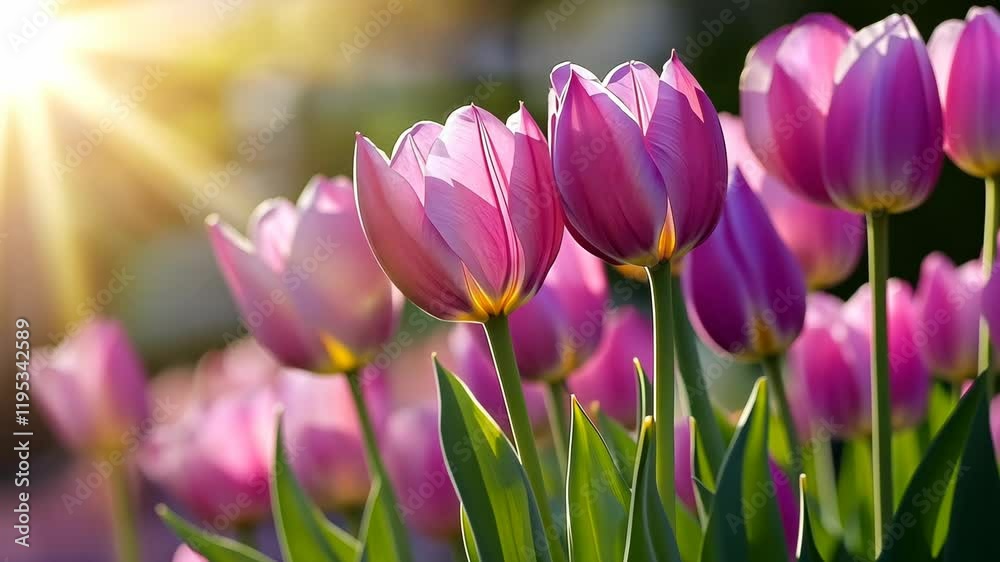 Beautiful purple tulips blooming in a vibrant garden during sunset Beautiful purple tulips blooming in a vibrant garden during sunset