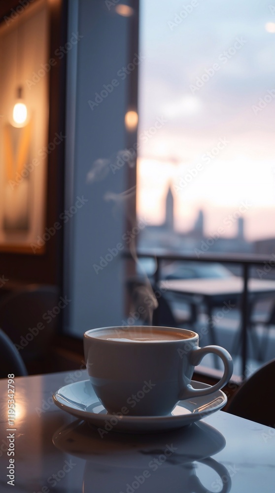 Cozy Cup of Coffee by the Window with Urban Evening Lights in the Background Cozy Cup of Coffee by the Window with Urban Evening Lights in the Background