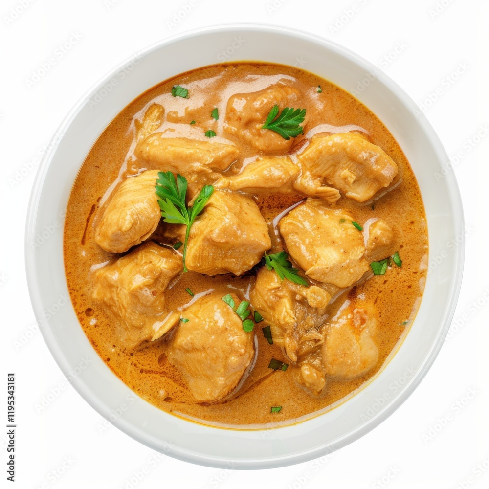 A flavorful bowl of chicken curry with chunks of tender chicken and aromatic spices, isolated white background, hyperrealism art style A flavorful bowl of chicken curry with chunks of tender chicken and aromatic spices, isolated white background, hyperrealism art style