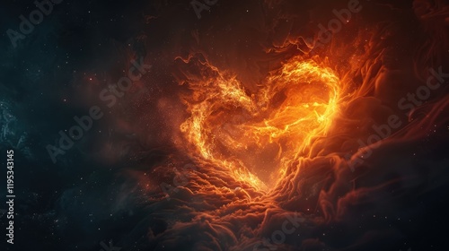 A vibrant image of a heart-shaped fire, with glowing orange flames on a dark smoky background