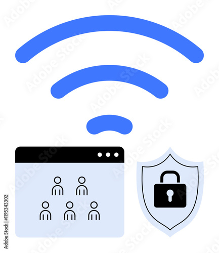 wireless symbol above user interface with connected people and shield icon with lock. Ideal for cybersecurity, safe networking, privacy, online connectivity, secure access, data protection, abstract