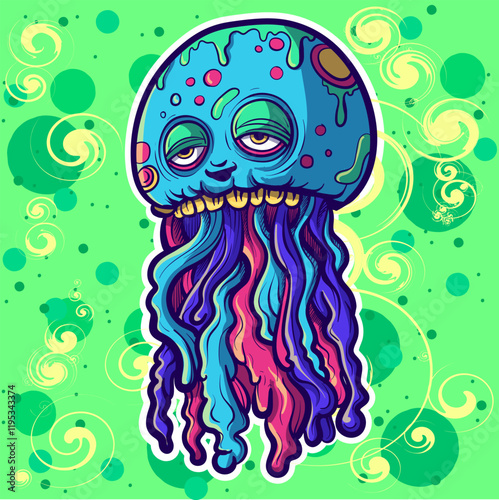 Trippy acid illustration of a stoned jellyfish with colorful tentacles. Stoned psychedelic sea creature character with sleepy eyes.