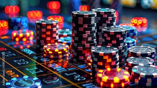 Close-up of colorful casino chips on a roulette table.