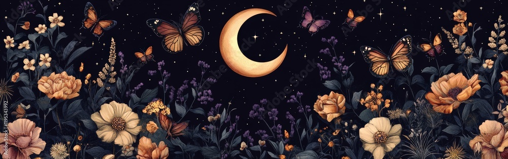 Naklejka premium A whimsical gothic garden pattern featuring florals, butterflies, and celestial elements, perfect for artistic or decorative purposes.