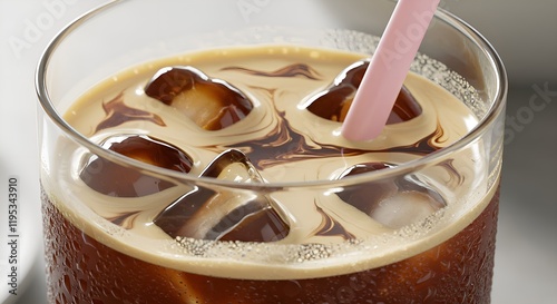 A glass of iced coffee with visible condensation, swirls of cream, and a straw, ready for summer vibes