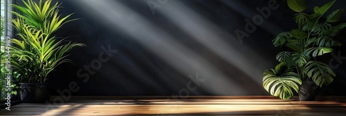 A serene minimalist room featuring lush greenery and natural wooden flooring. 