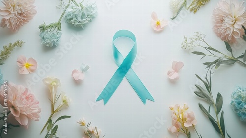 Teal awareness ribbon with pastel florals on white background photo