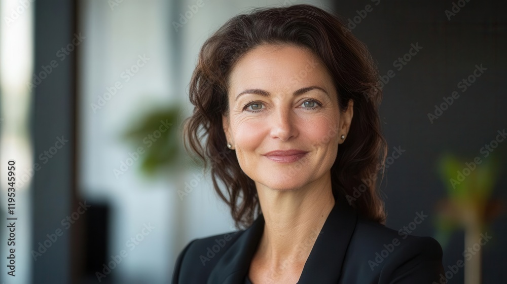 close-up portrait of a confident middle-aged businesswoman in a modern office setting, smiling warmly at the camera, exuding professionalism and satisfaction with her achievements close-up portrait of a confident middle-aged businesswoman in a modern office setting, smiling warmly at the camera, exuding professionalism and satisfaction with her achievements