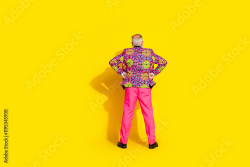 Bild auf Leinwand Full size rear photo of confident age man put hands waist posing empty space wea
